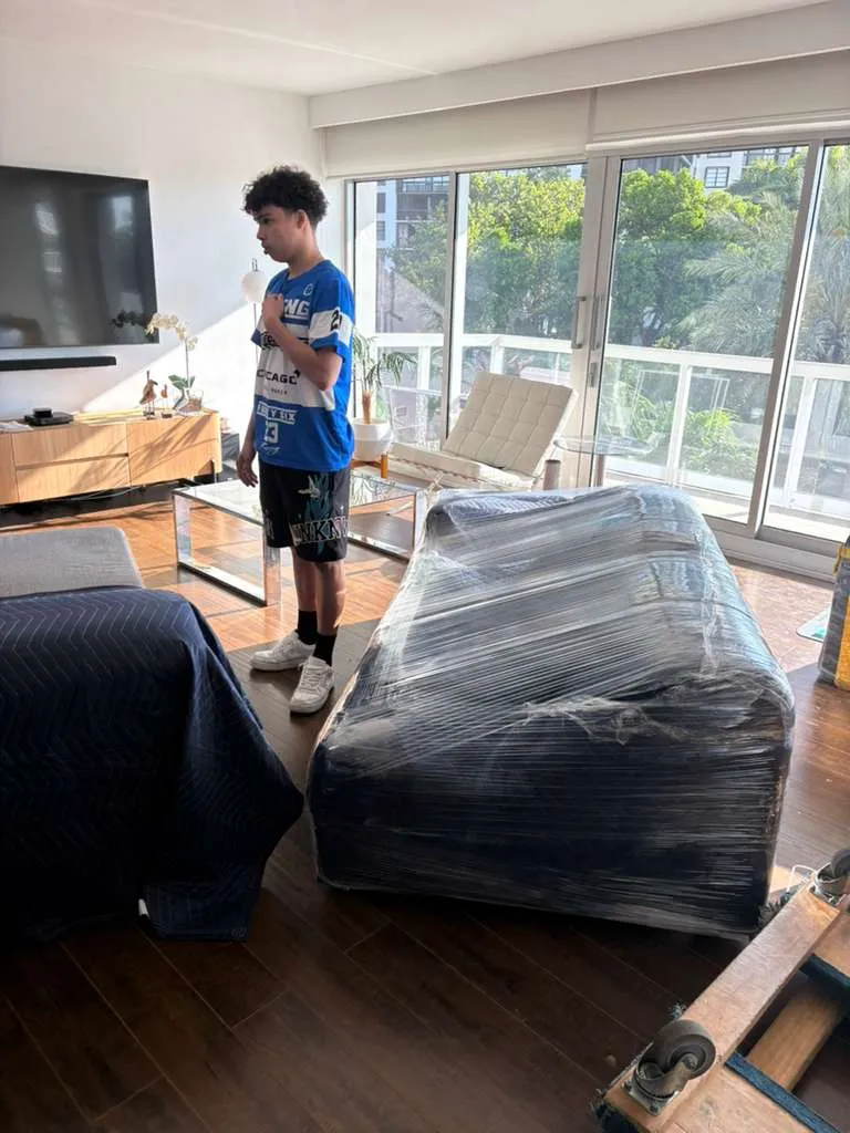 Living room furniture wrapped in protective plastic wrap before a move